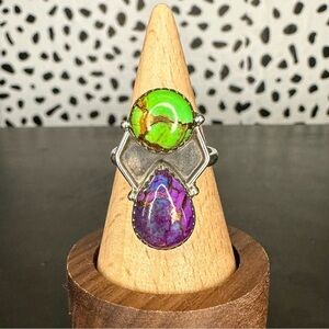 Sterling Silver Mojave Turquoise Purple and Green Two Stone Size 7